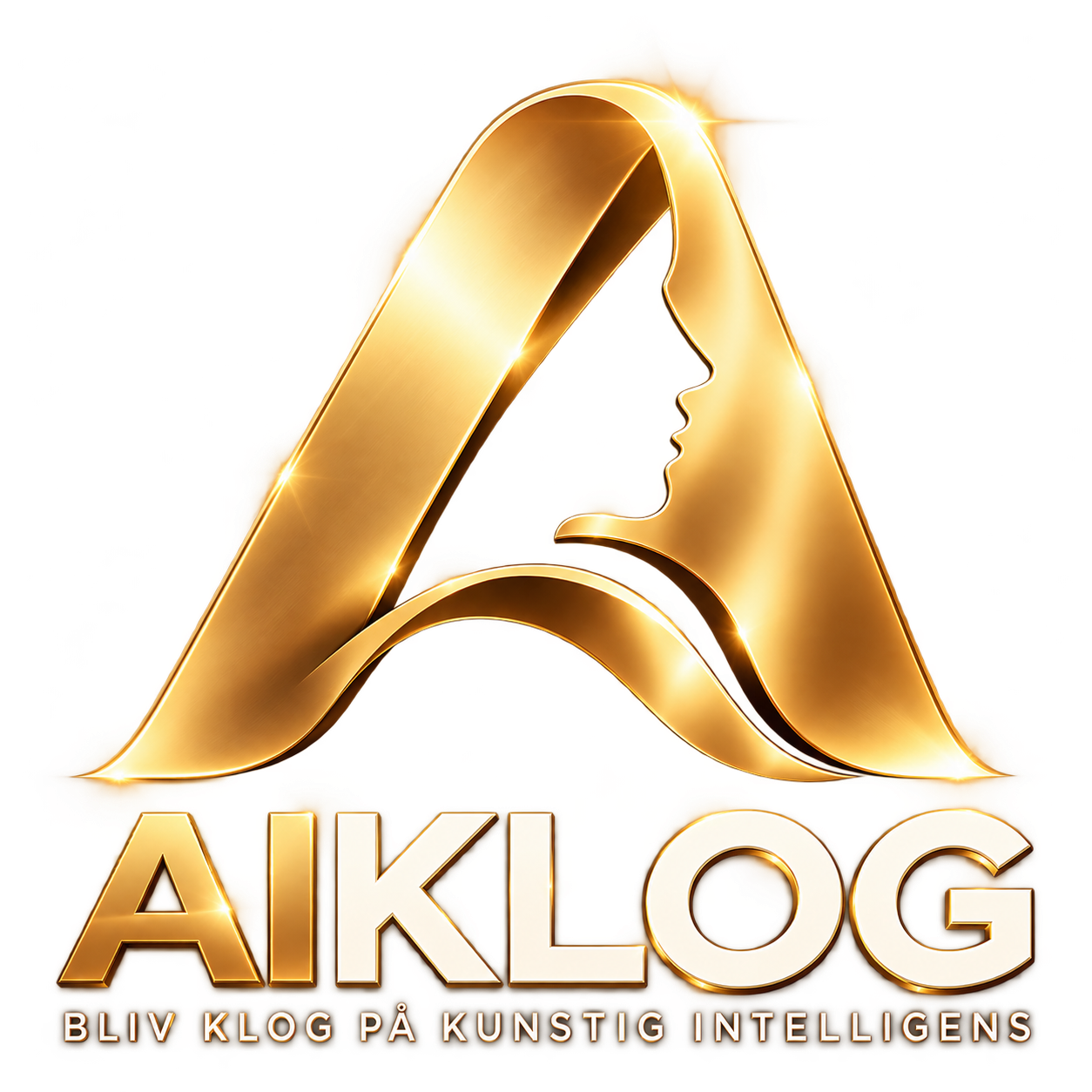 AIKLOGs gyldne A med menneskeprofil, navn og slogan